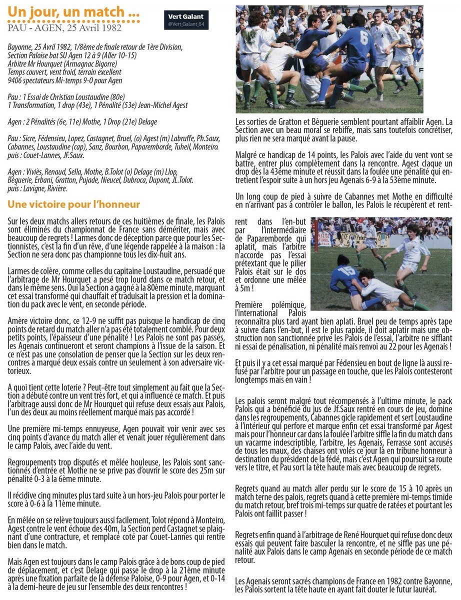 Un jour, un match (3) : Pau - Agen 1982 match retour à Bayonne ...  Cette saison là le SUA devient champion de France !