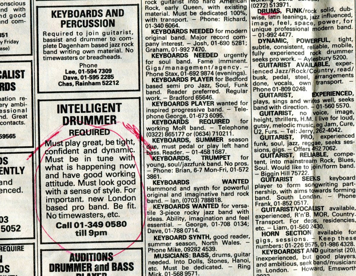 BigAudioDyn's tweet photo. The original advert in the back pages of the Melody Maker for a drummer for a yet to be named BAD that Greg @dreadzonemusic  answered and got the job back in 1984 , 39 years ago. His own ad was in the same paper (underlined in red) https://t.co/20eCZckfWC