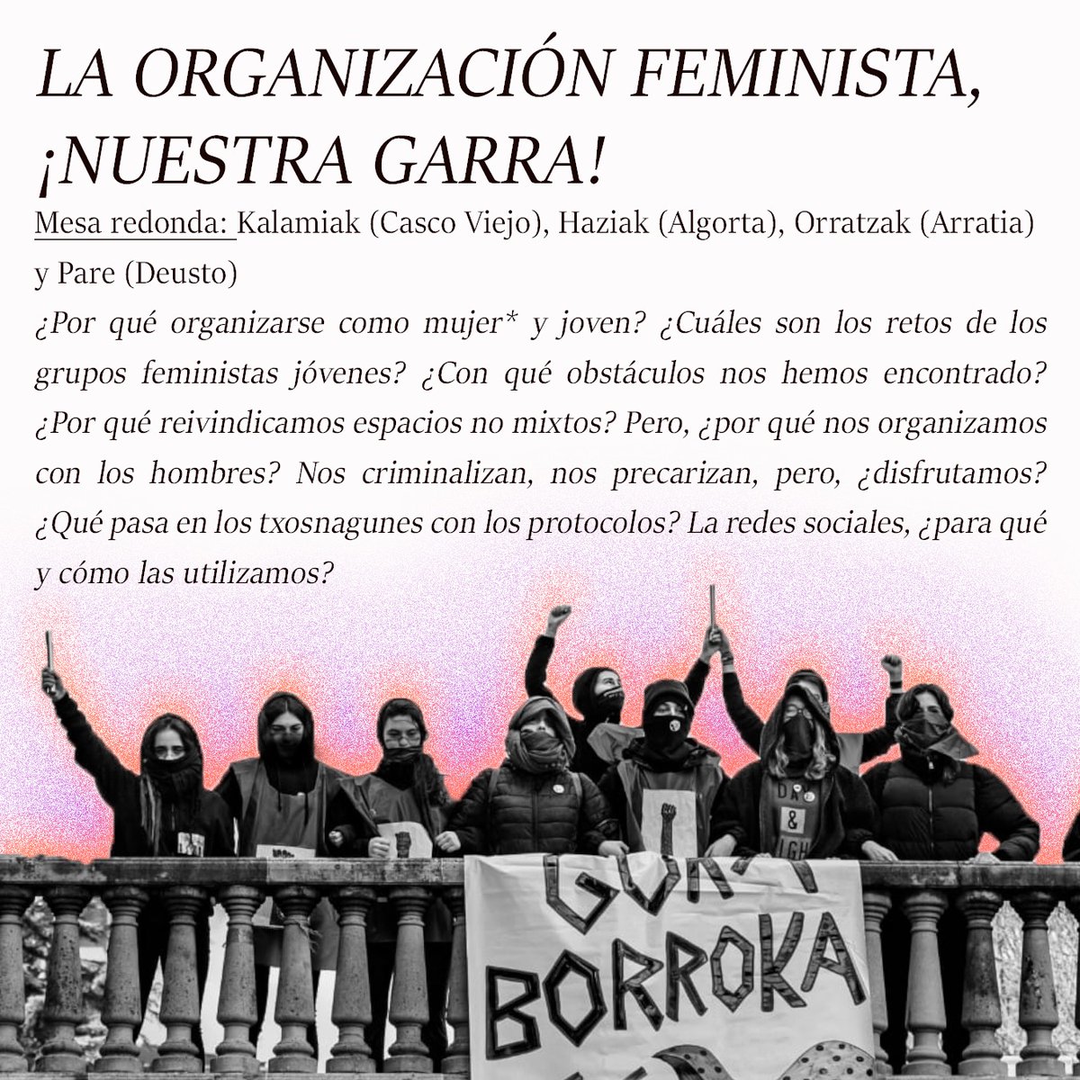 KiskaliGTF's tweet photo. Organización feminista para cambiarlo todo.

Tendremos una mesa redonda con grupos feministas cercanos, será en Marienea, la Casa de las Mujeres de Basauri. https://t.co/d3Zt4jkLqP