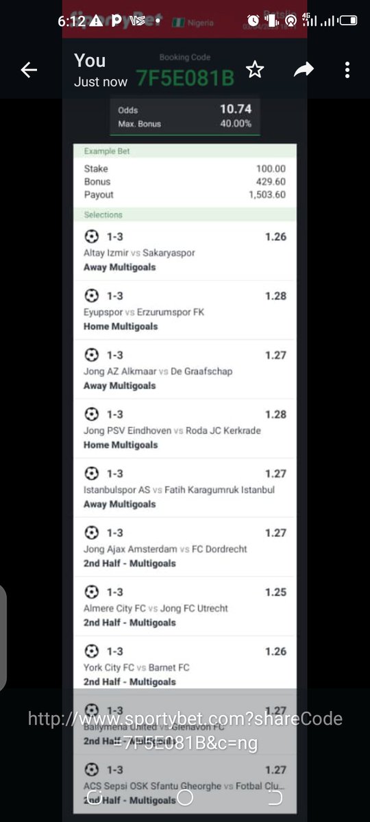 Total Goals Accumulator 🔥

Let's Play Again🍻

📌 1️⃣0️⃣+ ODDS

Code 👉 7F5E081B

Bookie 👉 SportyBet

Good luck 🍀

Telegram 👇

 t.me/+Uw12TfLv1vw4Z…

It will Bless 🙏🏿