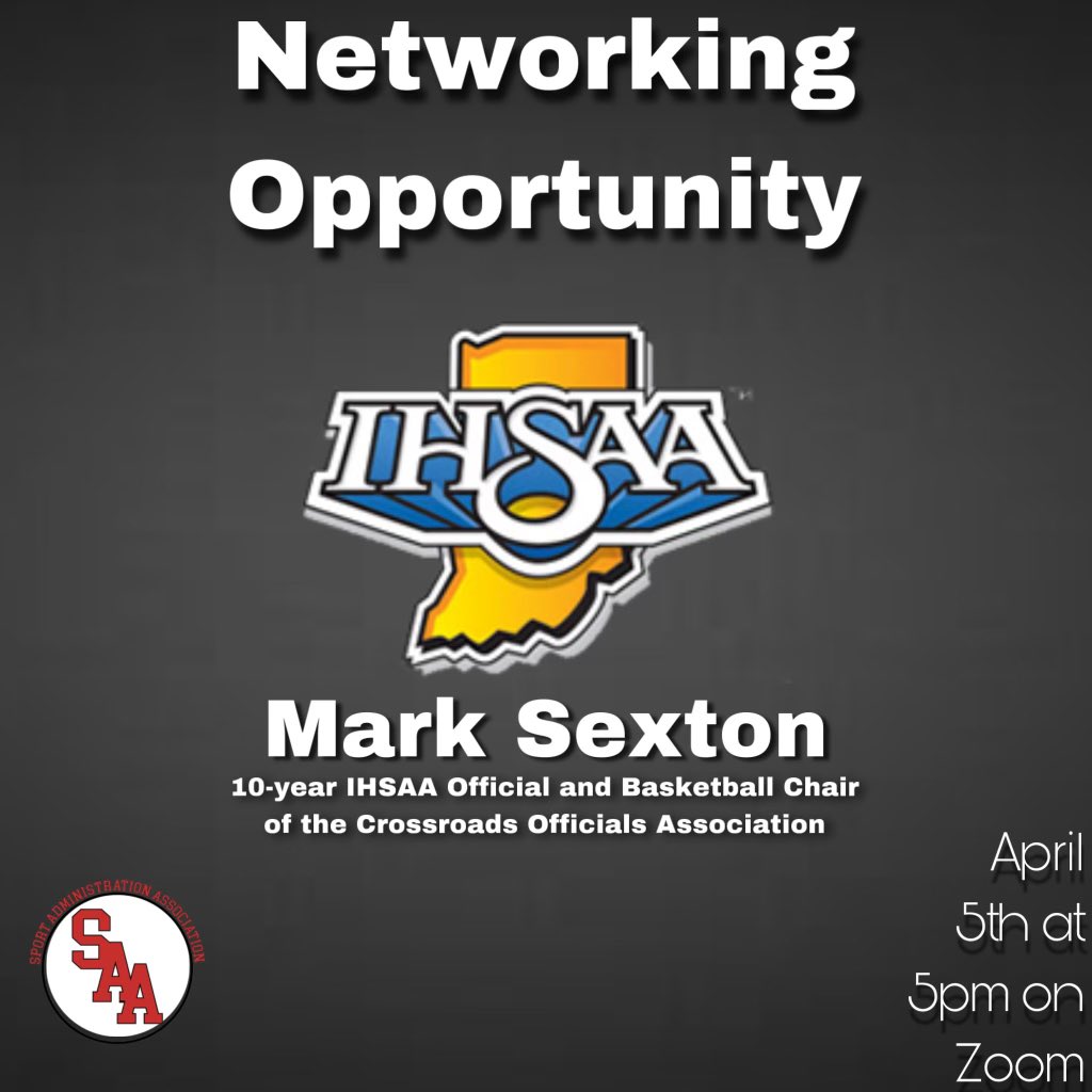 NETWORKING OPPORTUNITY:
Mark Sexton will be joining us via Zoom to discuss officiating across all IHSAA sports, the registration process, and answering any questions about officiating!! Hope to see you there!!!
Zoom link:

nam12.safelinks.protection.outlook.com/?url=https%3A%…