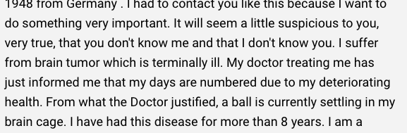 mstyczen's tweet photo. I still get a LOT of scam emails. This one was in German, I ran it through Google Translate and its actually pretty good. I think I'm going to call my head my brain cage from now on. #braincage https://t.co/DDyLJqKI3x