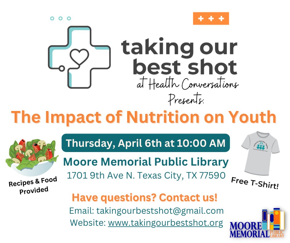 MoorePublic's tweet photo. Don't miss the next health conversation at the library! This is a UTMB student-led initiative to introduce health-related conversations to the community. Next conversation: Thurs., April 6th at 10 AM.  Registration is required! Sign up here: https://t.co/IcYsjQYq2L https://t.co/cbsDxfpusf