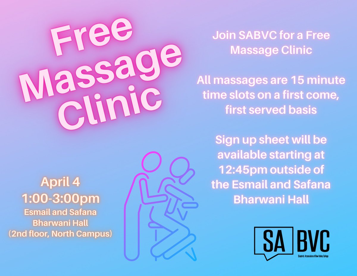 SAofBVC's tweet photo. Join us tomorrow for another free massage clinic!
1-3pm, 2nd floor of North Campus, first come, first served.
#studentevents #bvcnow #bvcbold #mybvc #sabvc #bowvalleycollege https://t.co/QGqGrtI2Uw