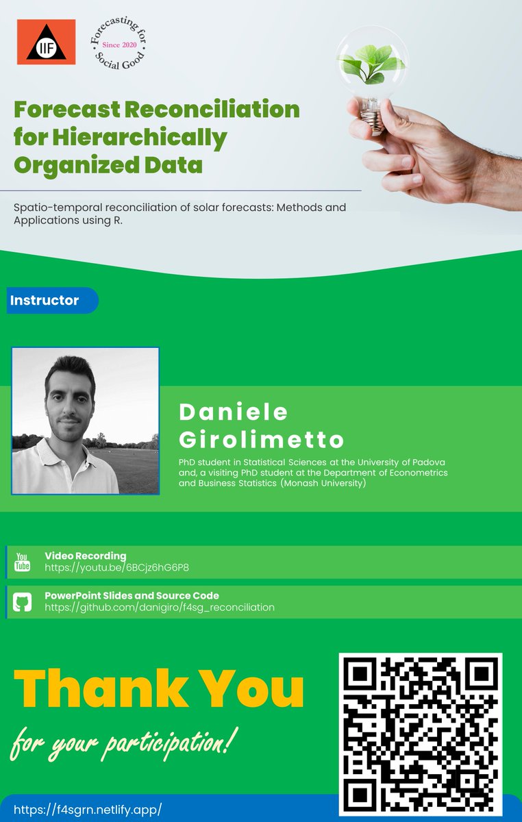 FSG_forecast's tweet image. Thank you for participating in our workshop.
1. You can watch the video recording here: lnkd.in/eTv_pE7X
2. PowerPoint slides and R codes are available here: lnkd.in/ed-Aivyh
A special thank goes to Daniele Girolimetto for his support.
#F4SG #LearningLabs