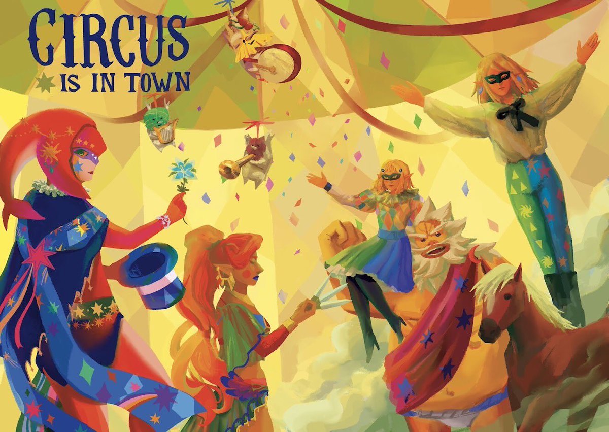 gigiradis's tweet photo. ⭐️ The champions’ circus ⭐️ Here’s the piece I made for the @LoZmasquerade zine ! #zelda #botw #LegendofZelda https://t.co/OTt88Z6CYN