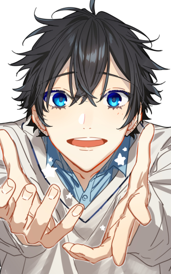 1boy male focus blue eyes black hair solo looking at viewer open mouth  illustration images