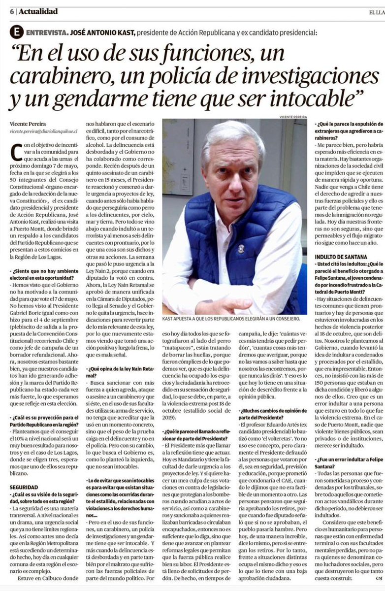 OPE_Chile's tweet photo. ¡Protejamos a quienes nos protegen! Un carabinero, un policía de investigaciones y un gendarme tiene que ser intocable.
Te compartimos la entrevista de @joseantoniokast en #DiarioElLlanquihue  acerca de seguridad y protección a nuestras FFAA y de Orden. https://t.co/NAmPJmaGZg