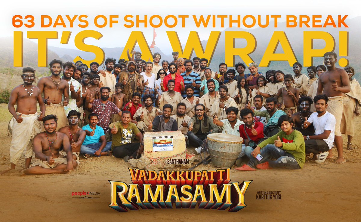 OBanglore's tweet photo. And that's a wrap! 

After 63 days of tireless work, team  #VadakkupattiRamasamy completed the shoot 

Post-production in progress. Next updates coming soon! 

Starring @iamsanthanam Anna @akash_megha
A @RSeanRoldan Musical 

A @peoplemediafcy production

 @KKumaravelMKS https://t.co/F4weTylxmZ
