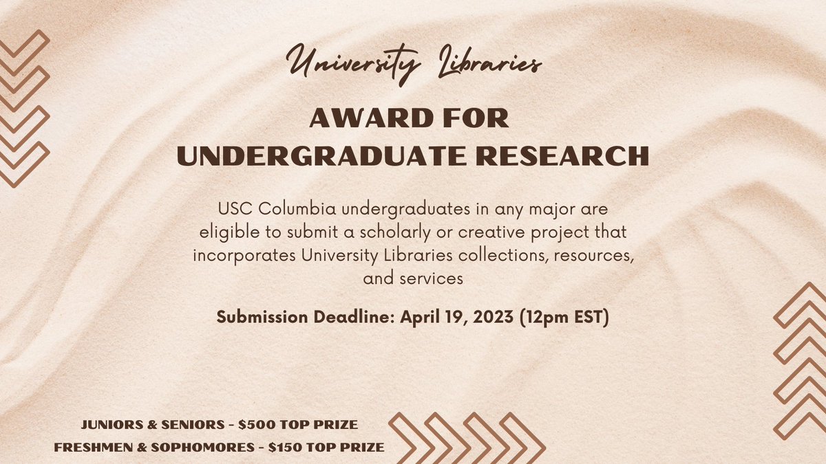 UofSC_TCoop's tweet image. Your class project could be worth up to $500 💸
Applications are now open for the @UofSClibraries Award for Undergraduate Research! Apply by April 19th for a chance to win: bit.ly/undergraduater…
