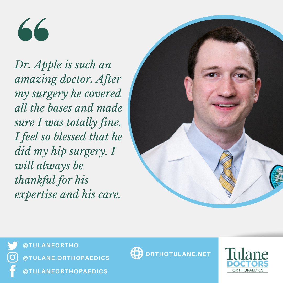 TulaneOrtho's tweet photo. For today's #DoctorSpotlight, we'll be featuring Dr. Andrew Apple. Look to see what people are saying about him in the community. If you would like to book an appt., call 504-988-0100 or visit https://t.co/lGKq9m9osj.

#orthopaedicsurgery #totaljoints #orthotwitter #tulanedoctors https://t.co/BUM6zV4pzO