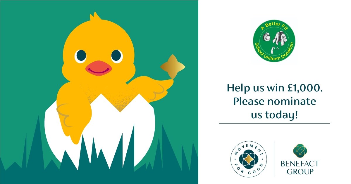 🙏 Please nominate A Better Fit-school uniform donation - 1200842 for the Movement for good awards 2023

The funds will help us to create a better more efficient service for families.

movementforgood.com/index.php?cn=1…