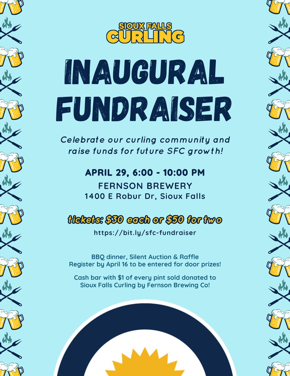 SiouxFallsCurl's tweet photo. Join us Saturday, 4/29 at @FernsonBrewing for our SFC #Fundraiser! We'll have yard games, raffles, silent auction &amp; more! Don't miss out on broomstacking and BBQ! $1 for every 🍺 sold will be donated to the club! Curlers &amp; non-curlers welcome! #sfcurling
🎟️https://t.co/7FIopRgBGE https://t.co/pa2YuY6Fjb