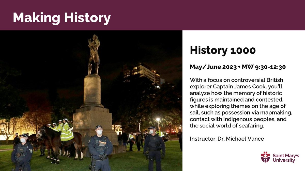 SMArts_SMU's tweet photo. Looking for a great spring History course at @smuhalifax? In HIST 1000: Making History, focus on explorer #CaptainJamesCook to analyze themes on the #ageofsail and the memory of controversial historical figures. May-June, MW 9:30 am-12:30 pm with Dr. Michael Vance of @HistorySmu. https://t.co/F2pEl1Gxg5