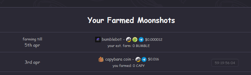 Moonshots Farm (formerly Squirrel) (@moonshotsfarm) on Twitter photo Our latest moonshot $CAPY has now ended farming, so you can see how many your $CAKE or $BSW farmed over past 2 days! π§βπΎ Next moonshot selected by community to farm is <a href="/bumblebotapp/">Bumblebot App</a>'s $BUMBLE token! πΈ #bsc
π moonshots.farm ππ FARM NOW Our latest moonshot $CAPY has now ended farming, so you can see how many your $CAKE or $BSW farmed over past 2 days! π§βπΎ Next moonshot selected by community to farm is <a href="/bumblebotapp/">Bumblebot App</a>'s $BUMBLE token! πΈ #bsc
π moonshots.farm ππ FARM NOW