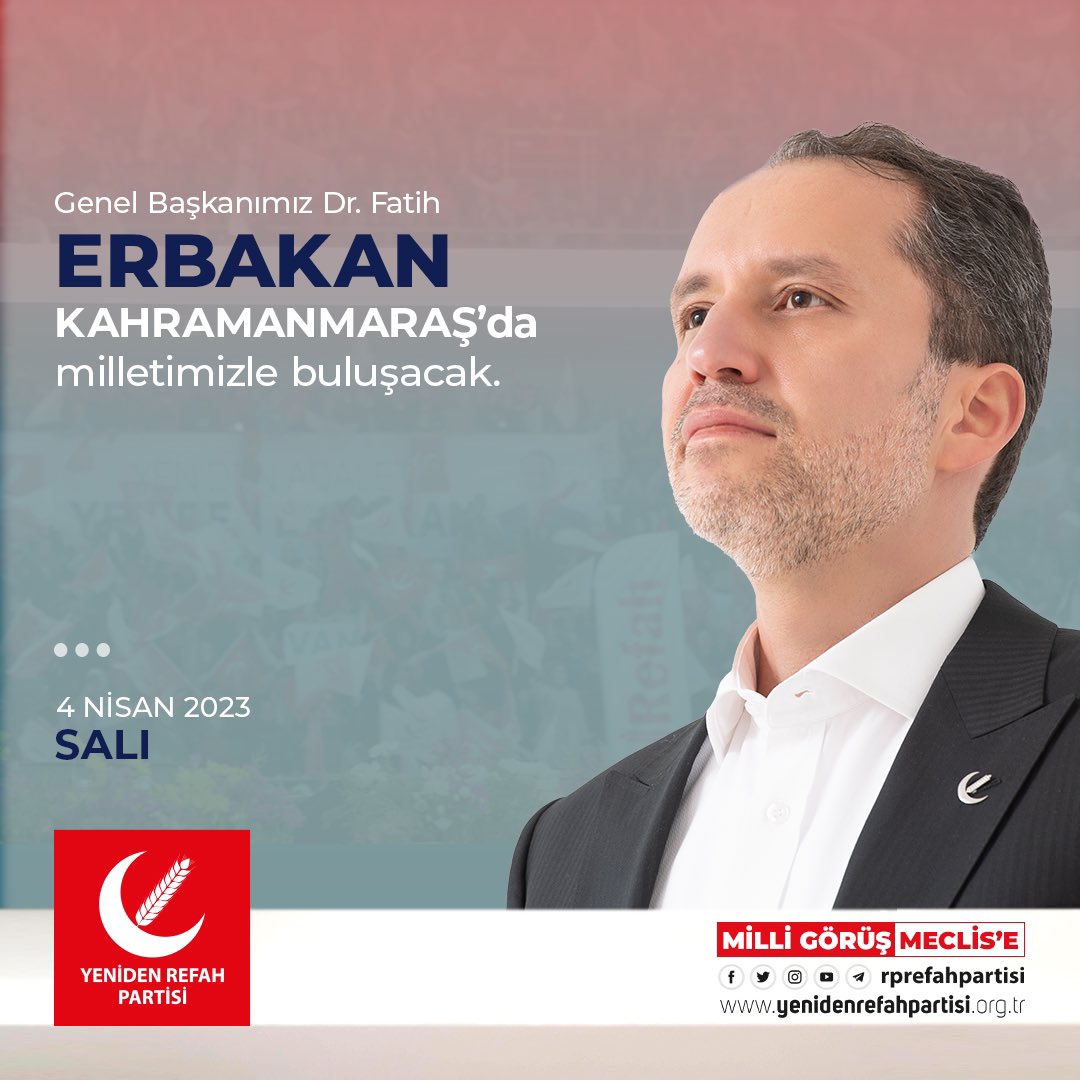 Genel Başkanımız Dr. Fatih Erbakan Kahramanmaraş’da milletimizle buluşacak.

🗓️4 Nisan Salı