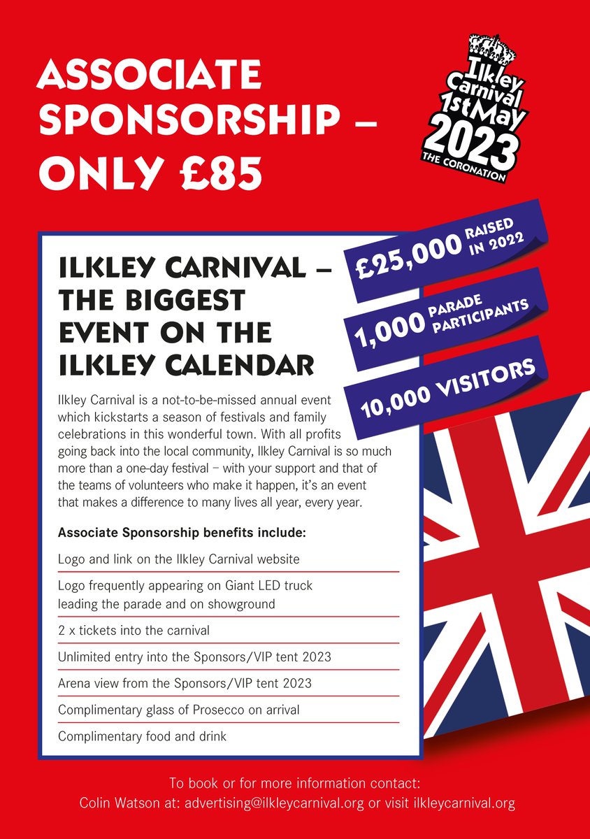 IlkleyCarnival's tweet image. Look at what being an an Associate Sponsor of Ilkley's not-to-be-missed annual event will get your business 🧐
Email Colin today advertising@ilkleycarnival.org
#IlkleyCarnival2023 #TheCoronation #Ilkley