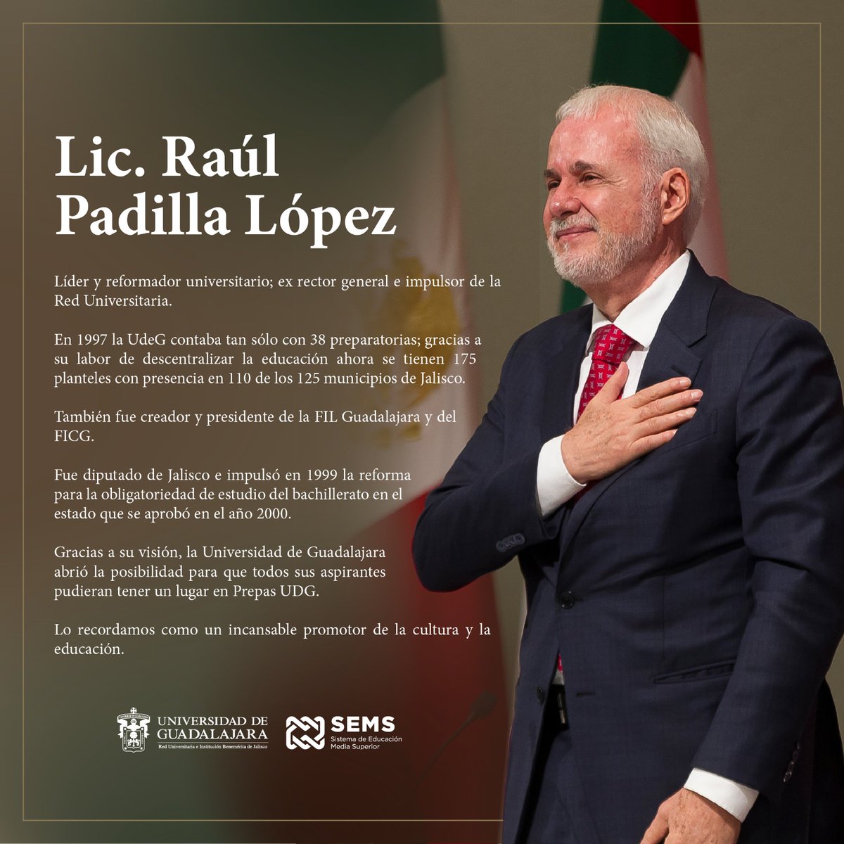 CesarBarbaD's tweet photo. Hacer de la @udg_oficial una red universitaria y llevar educación a todos los rincones de Jalisco fue uno de los grandes legados de Raúl Padilla como rector. https://t.co/jLYYqwoRKU