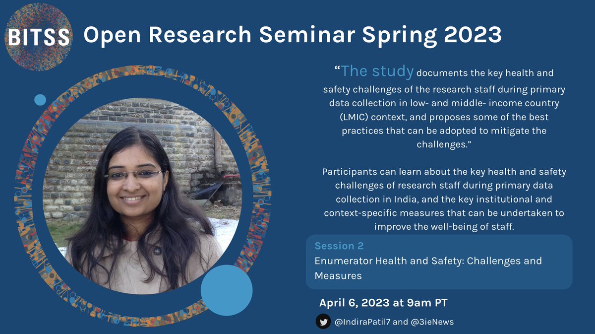 UCBITSS's tweet photo. @IndiraPatil7 @3ieNews @IndiraPatil7 shares what participants can expect to learn from her session this Thursday, April 6,  on the challenges and measures of Enumerator Health and Safety! Register to attend: https://t.co/Cyl6PIGa1t https://t.co/5DozKOs71d