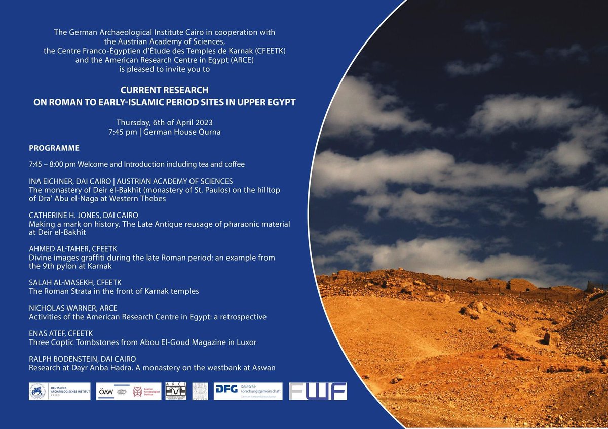 alekshallmann's tweet photo. Series of few lectures in the German House in Qurna! 
Save the date: Thursday, 6th of April. Program below 
👇 

#lecture #Luxor #qurna #egyptology #archaeology #Egypt https://t.co/t1w9fTWZte