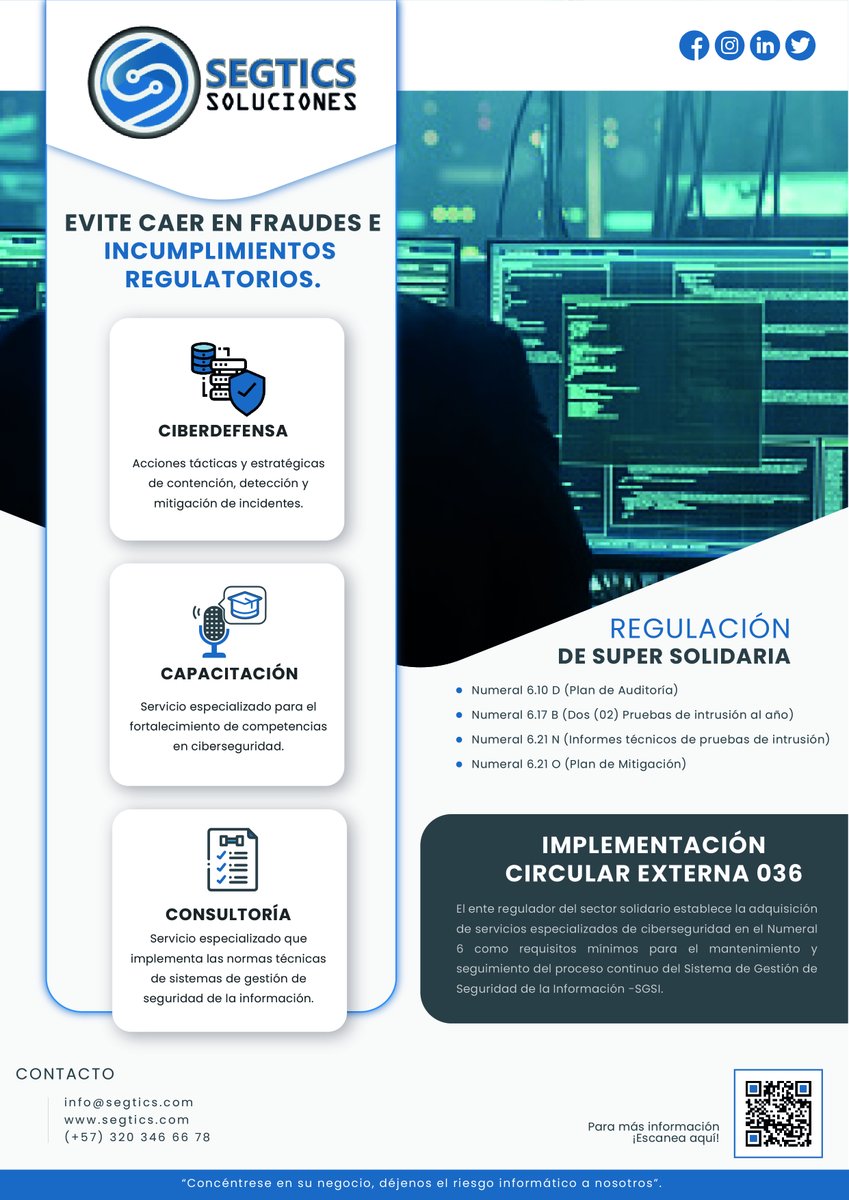 La circular externa No. 36 emitida por la #supersolidaria realiza recomendaciones específicas para el sector #coopertivo en #cibersecurity. Estamos para apoyarte a dar cumplimiento a cada uno de los requerimientos. Visítanos en segtics.com.