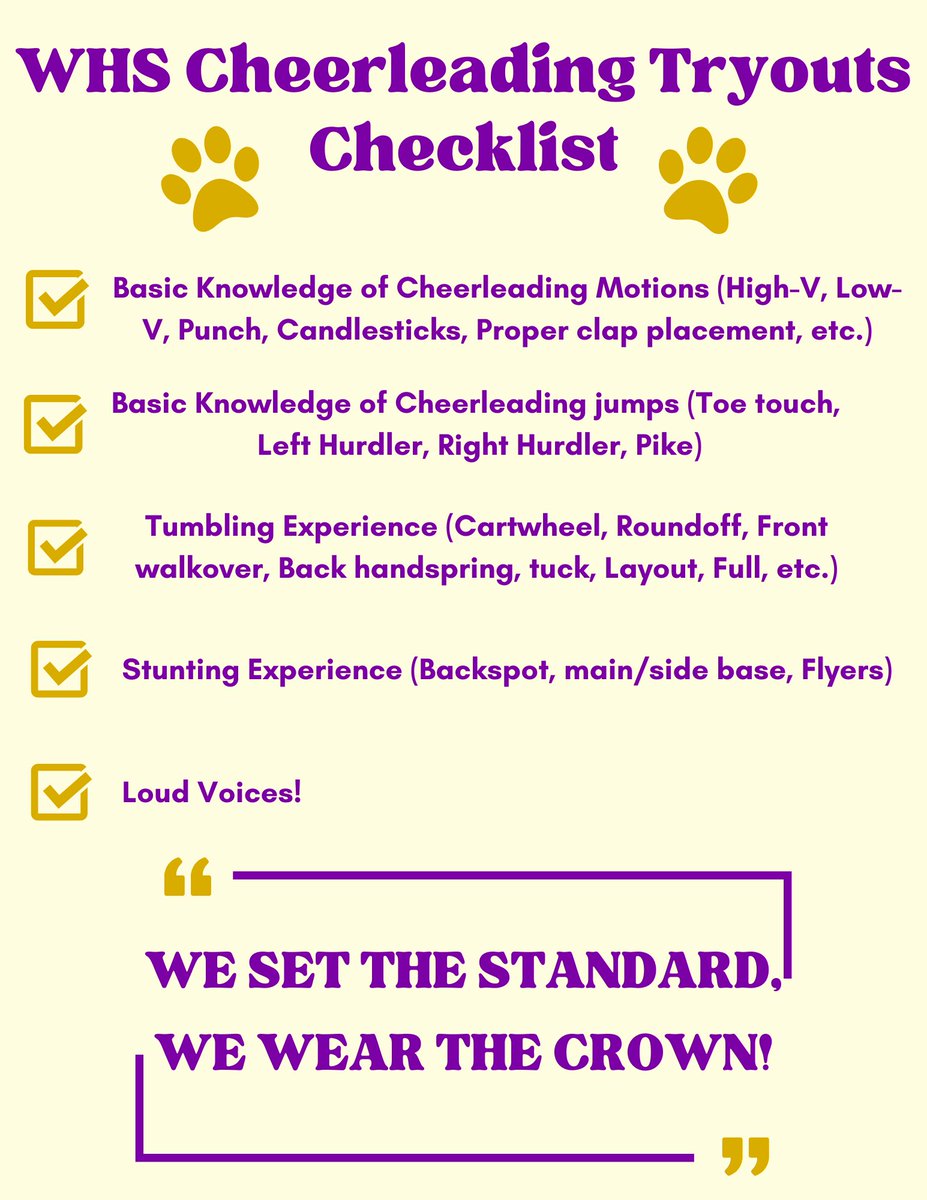 Save the dates!! Cheerleading tryouts for Fall Sideline Season are coming soon! Make sure you are registered in 8 to 18 to attend clinics and tryouts. <a href="/GoWHSAthletics/">WHS Athletics</a> <a href="/BulldogLife_WHS/">Bulldog Life - WHS</a>