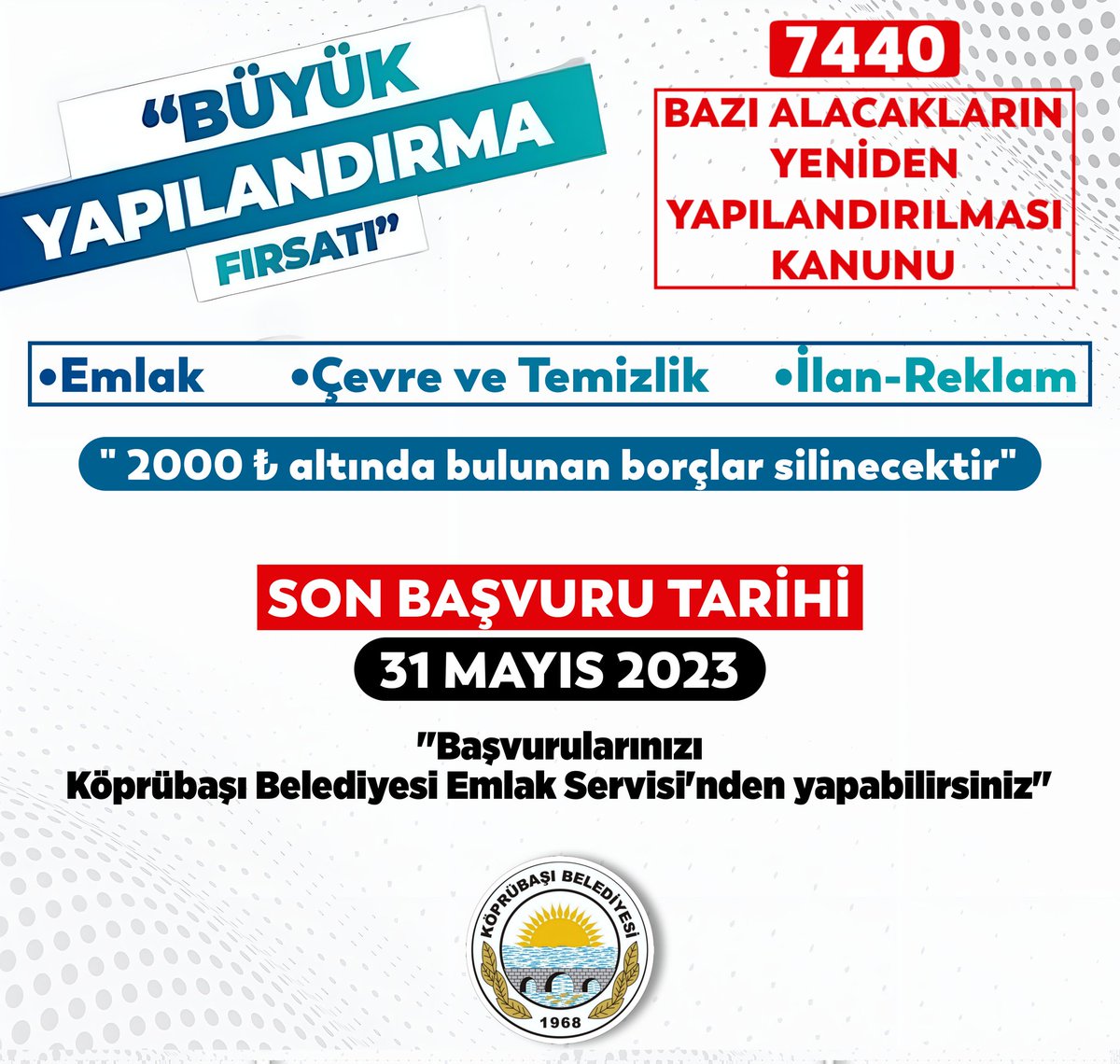 7440 sayılı bazı alacakların yeniden yapılandırılması kanunu kapsamında Emlak-ÇTV-İlan/Reklam vergilerinde geçmişe dönük borç yapılandırması başladı..

Başvurular için son tarih 31 Mayıs 2023