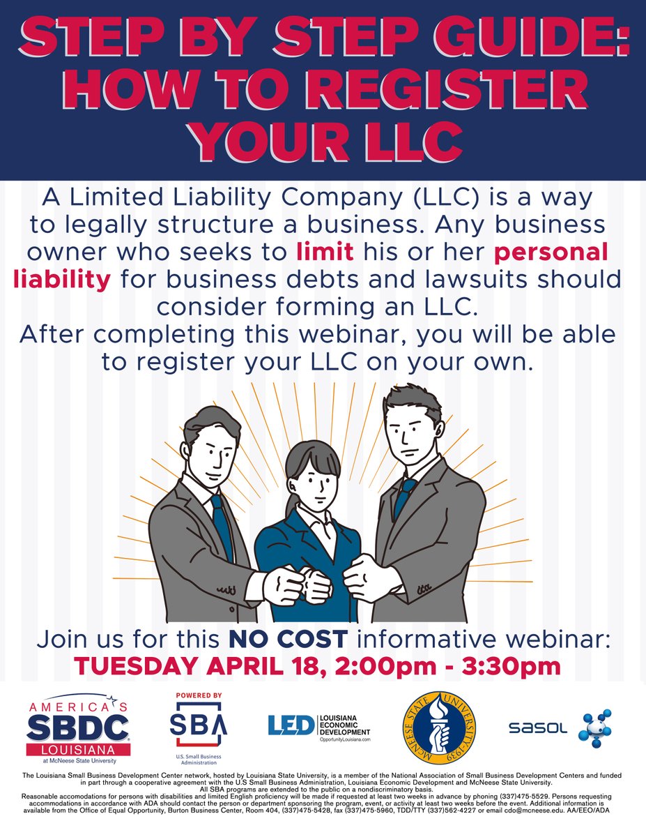If you are planning on starting a LLC business but don't know how: this webinar is for you.
After completing this NO COST informative webinar, you will be able to register your LLC on your own!

Register here: www2.lsbdc.org/workshop.aspx?…
Tuesday, April 18, at 2pm
ONLINE