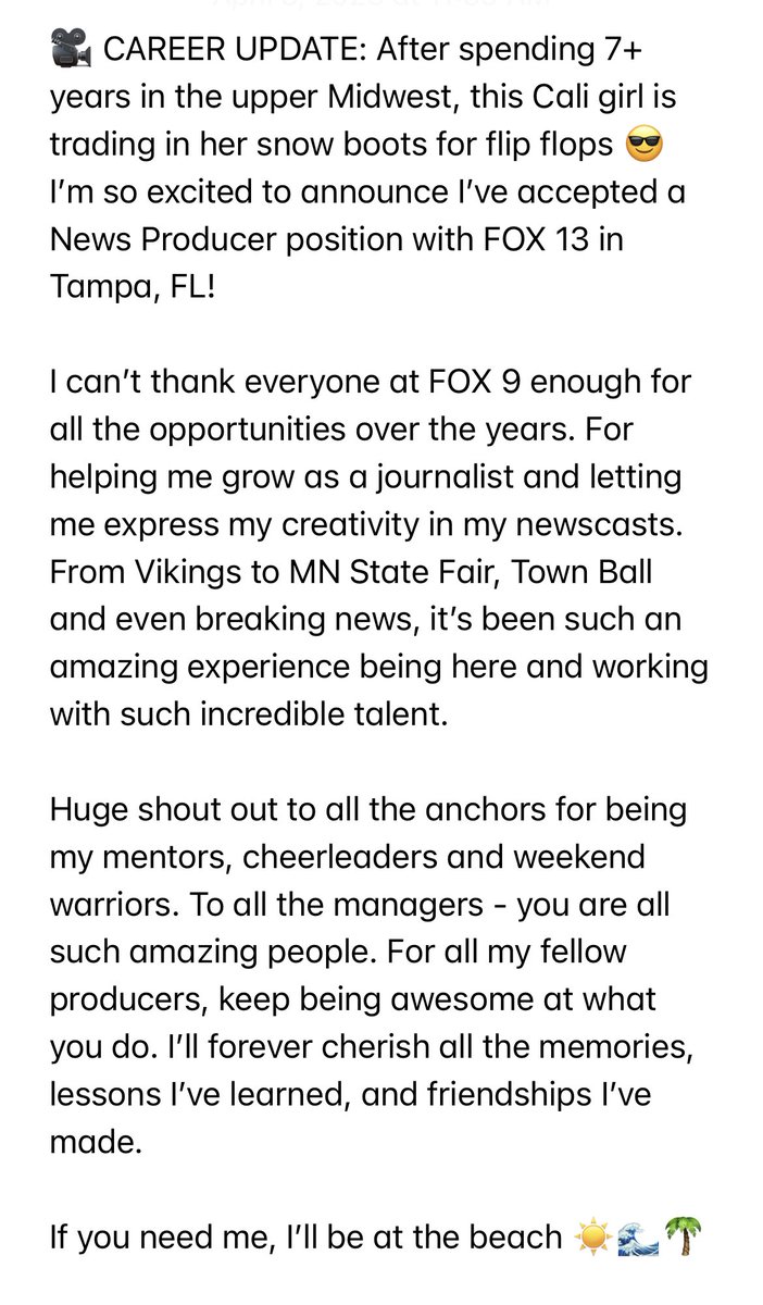 KaleighEmery's tweet photo. 🚨CAREER UPDATE 🚨
After 4 years in Minnesota, I’m heading to warmer weather down in Florida! 

Words can’t express how grateful I am to everyone at FOX 9. It’s definitely bittersweet as I wrap up my final week in Minneapolis.

Next stop, FOX 13 in Tampa ☀️🌴 https://t.co/aYiA2aGJmC