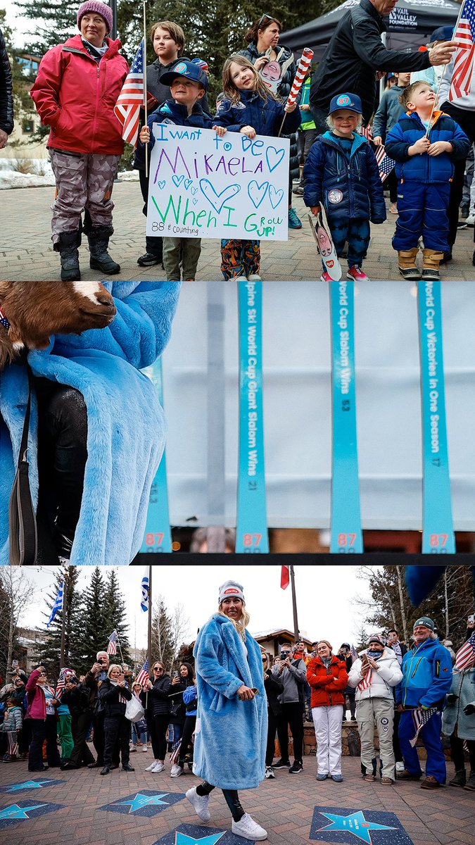 .@MikaelaShiffrin's hometown of Vail, Colorado had a special welcome home celebration for her that included an actual goat. 🐐👑