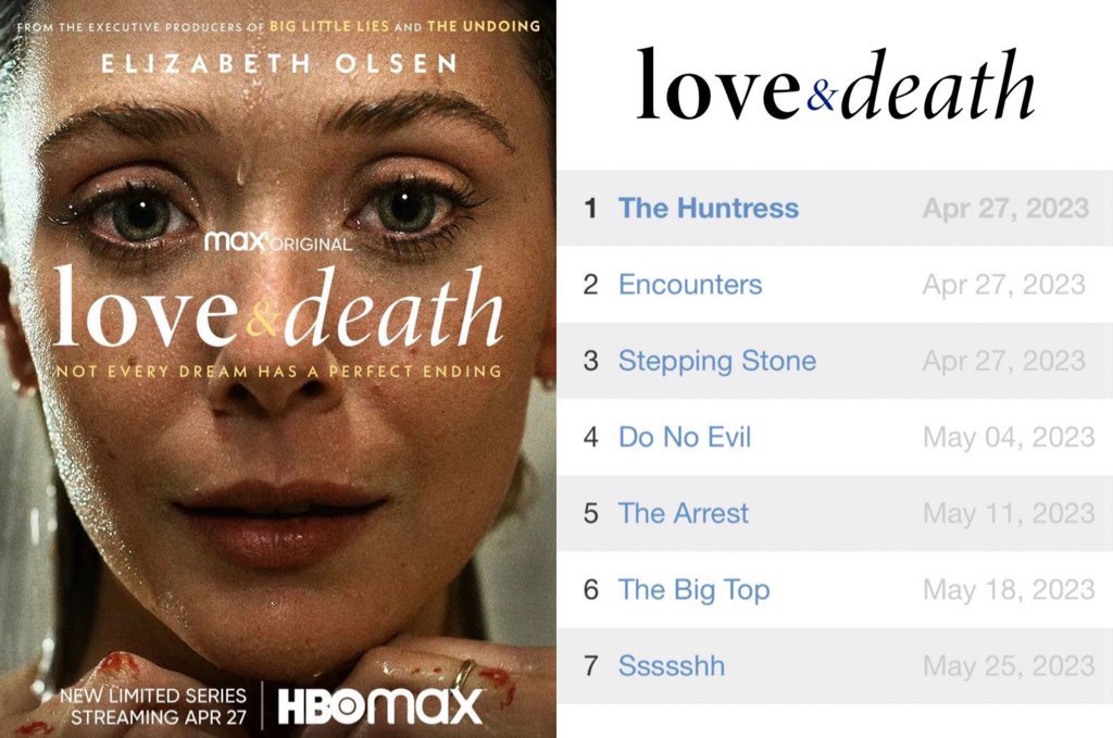itsjustanx's tweet photo. Episode Guide for Elizabeth Olsen’s upcoming HBO Max Limited Series  #LoveAndDeath🪓, premiering April 27. https://t.co/uQOqWZodXe