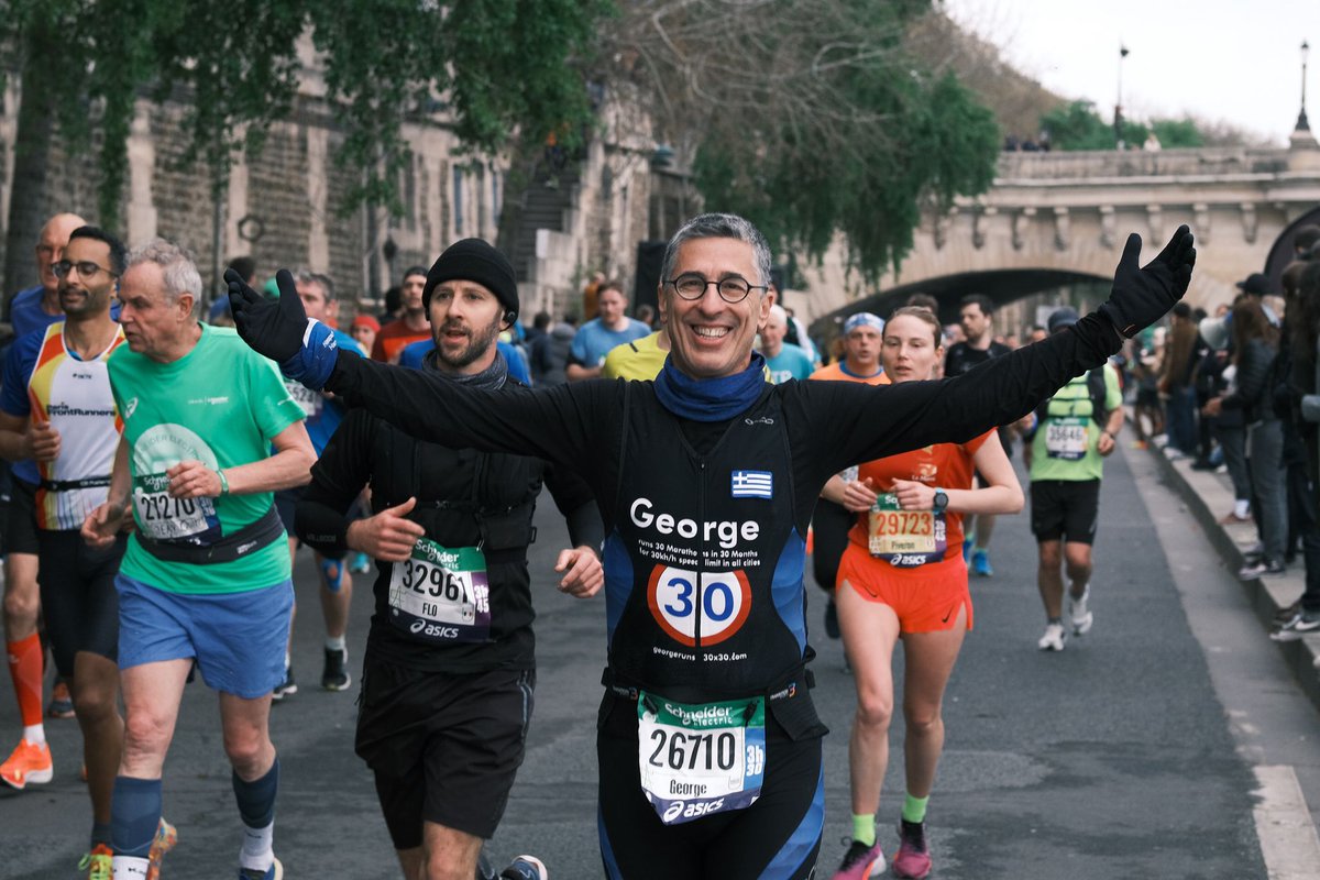 Running the 9th out of #30x30Challenge #Marathons, in Paris, the most beautiful city in the world and city pioneer applying 30km/h speed limit city-wide. First time two Marathons in two weeks, fortunately finishing without problems in 3 hours 52 minutes. georgeruns30x30.com