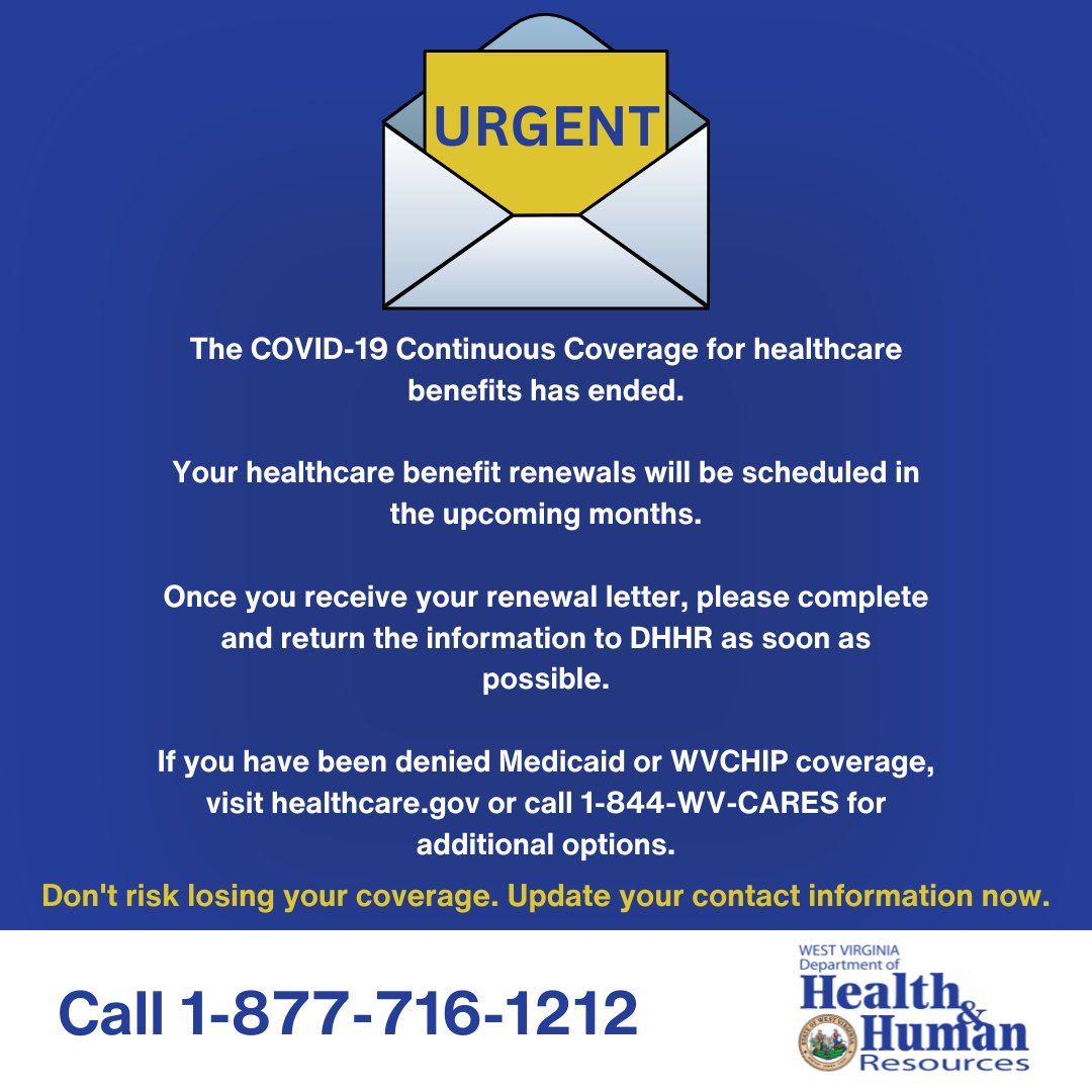 WV_DH_DHF_DoHS's tweet photo. Due to the COVID-19 public health emergency unwinding, WV Medicaid will soon resume its normal renewal process &amp; is mailing important paperwork that must be completed to stay enrolled. It is important that your correct phone number &amp; address are on file. Call 1-877-716-1212. https://t.co/AbFEcOSWbL