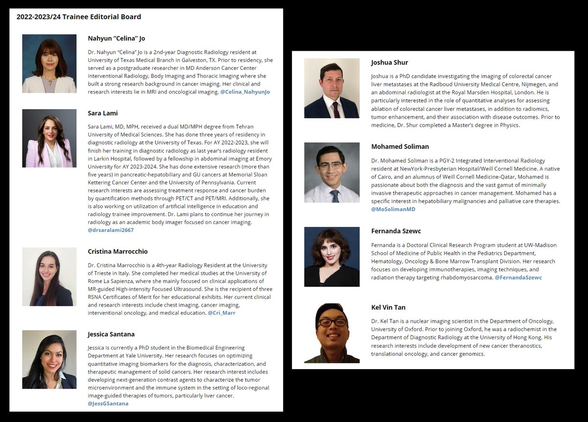 Our current/past TEB members have been invaluable to the journal. Read about some of them here, in the attached images. @Cri_Marr @JessGSantana @MoSolimanMD @FernandaSzewc #Cancer #ImagingCancer #CancerImaging