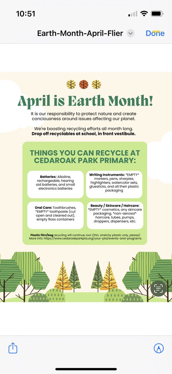 Happy spring and happy Earth Month from Cedaroak Park! Check out our special PTA recycling opportunities as we care for our planet and celebrate this important month. 🌍🐿️
