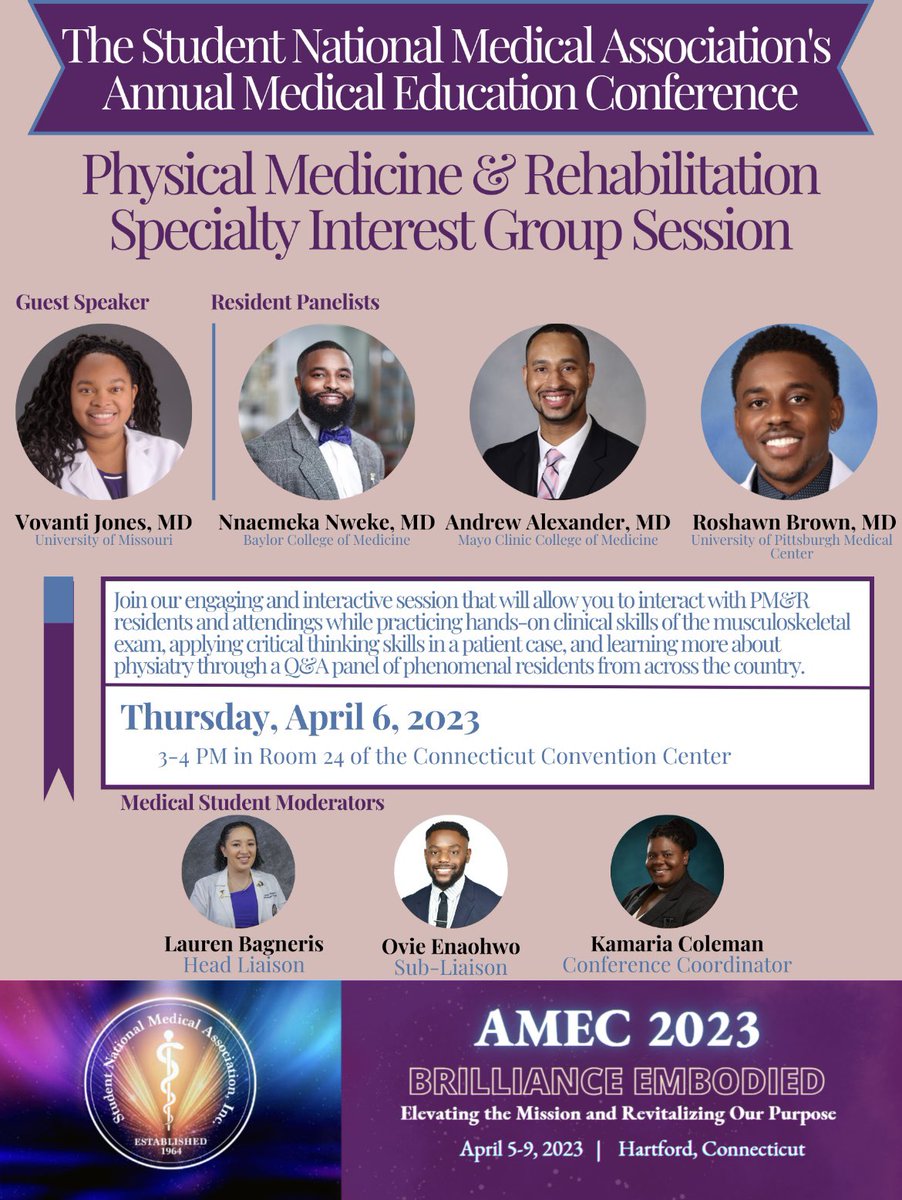 LaurenBagneris's tweet photo. It’s officially the week of AMEC! 🥳 the SNMA PM&amp;R Specialty Interest Group will be hosting an engaging and interactive session to help students learn more about the phenomenal field of Physiatry! Come join us for a great session with even better people 💜 #AMEC2023 #Physiatry https://t.co/x7Iwo7EOKX