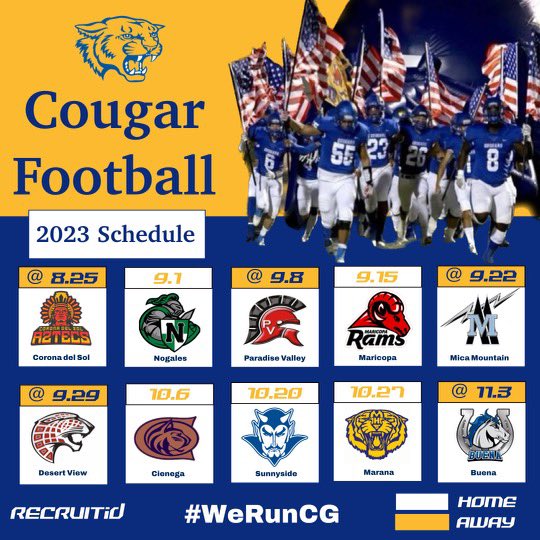 Casa Grande Cougar Football (@cguhsfootball) on Twitter photo 🚨 2023 Schedule 🚨
#WeRunCG | #WinTheDay
<a href="/JUSTCHILLY/">Just Chilly</a> <a href="/gridironarizona/">Gridiron Arizona</a> <a href="/CamCox12/">Cameron Cox</a> <a href="/azc_obert/">Richard Obert</a> <a href="/AZHSFB/">ArizonaVarsity.com 🔥PREPS🔥</a> <a href="/ZachAlvira/">Zach Alvira</a> <a href="/KevinMcCabe987/">Kevin McCabe</a> <a href="/EricSports360AZ/">Eric Sorenson</a> <a href="/CodyTCameron/">Cody Cameron</a> <a href="/mariavsqz3/">Maria Vasquez</a> <a href="/PinalSports/">PinalCentral Sports</a> <a href="/DChurch_12/">David Church</a> <a href="/SOAZFootball/">Southern Arizona Football</a> <a href="/TheBreakdownVB/">TheVarsityBreakdown</a> <a href="/AZPreps365/">AZPreps365</a> <a href="/PrepRedzoneAZ/">Prep Redzone Arizona</a> <a href="/getitin_apparel/">GET IT IN APPAREL®</a> 🚨 2023 Schedule 🚨
#WeRunCG | #WinTheDay
<a href="/JUSTCHILLY/">Just Chilly</a> <a href="/gridironarizona/">Gridiron Arizona</a> <a href="/CamCox12/">Cameron Cox</a> <a href="/azc_obert/">Richard Obert</a> <a href="/AZHSFB/">ArizonaVarsity.com 🔥PREPS🔥</a> <a href="/ZachAlvira/">Zach Alvira</a> <a href="/KevinMcCabe987/">Kevin McCabe</a> <a href="/EricSports360AZ/">Eric Sorenson</a> <a href="/CodyTCameron/">Cody Cameron</a> <a href="/mariavsqz3/">Maria Vasquez</a> <a href="/PinalSports/">PinalCentral Sports</a> <a href="/DChurch_12/">David Church</a> <a href="/SOAZFootball/">Southern Arizona Football</a> <a href="/TheBreakdownVB/">TheVarsityBreakdown</a> <a href="/AZPreps365/">AZPreps365</a> <a href="/PrepRedzoneAZ/">Prep Redzone Arizona</a> <a href="/getitin_apparel/">GET IT IN APPAREL®</a>