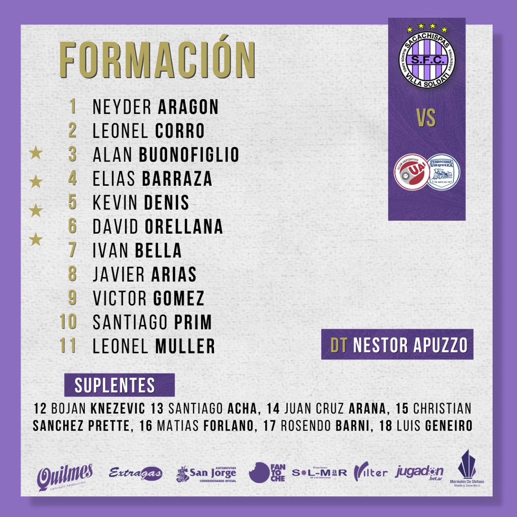 SacachispasOK's tweet photo. Este es el equipo de Sacachispas para recibir a @clubuaiurquiza 
#VamosLila💜 https://t.co/CEtHnmYzP4