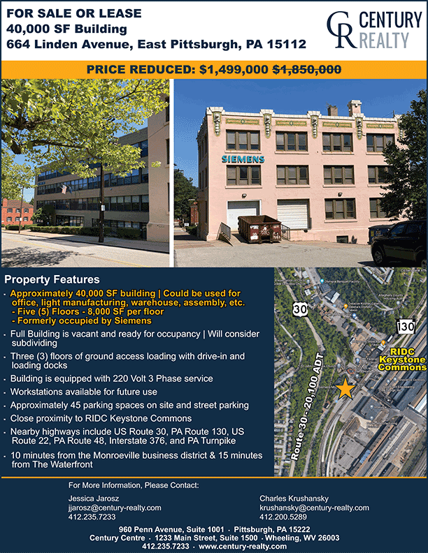 Century_Realty's tweet photo. MOTIVATED SELLER/MAJOR PRICE REDUCTION: 40,000 SF Building - East Pittsburgh, PA. Contact @Century_Realty at 412-235-7233 for more information. #cre #realestate #sale #lease #office #flex #warehouse #EastPittsburgh #AlleghenyCounty #CenturyRealty #CORFACInternational #CORFAC https://t.co/NcFCuTTJzx