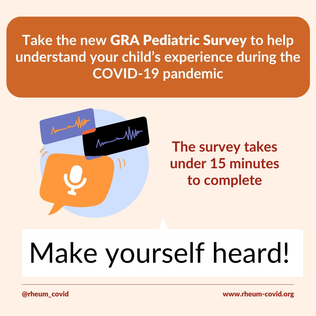 Report your child’s experiences with the COVID-19 vaccines in the new Global Rheumatology Alliance Pediatric Survey for parents of children with rheumatic diseases.

Make yourself heard!

#rheumatology #kidsgetarthritistoo #juvenilearthritis #lupus #JuvenileArthritisResearch