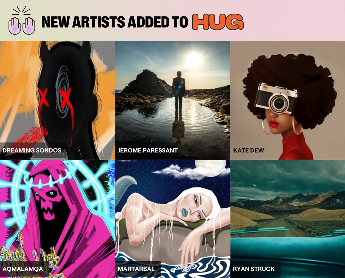 Congratulations to the latest artists curated by our community and added to HUG 🎊

<a href="/DreamingSondos/">Dreaming Sondos</a>
<a href="/JeromeParessant/">Jerome Paressant</a>
<a href="/keerigirl/">Katedew</a>
@AQMALAMQA
<a href="/martarbal/">Martarbal💙</a>
@ryanstruck

Welcome! We can't wait to see how you customize your profiles. Check your emails for instructions 🤗✨