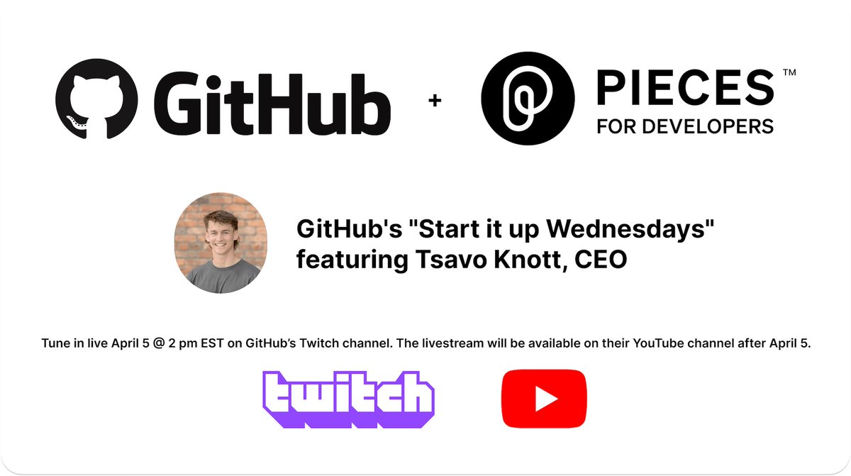 getpieces's tweet photo. Tune into GitHub's live stream this week featuring Pieces CEO Tsavo Knott! Learn more about Pieces for Developers and how we fit into generative AI and the Developer Tools 2.0 space with our supercharged suite. 🚀 https://t.co/VnrlxDPBi6