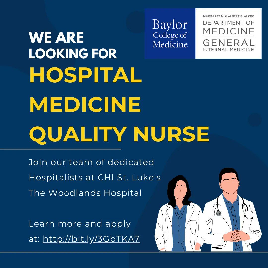 bcm_gim's tweet photo. Come join our team!  We are #hiring a Quality Nurse for our Hospital Medicine in the Woodlands @StLukesHealthTX - Apply today at https://t.co/a0tyftL6l5 https://t.co/ilocegHA80