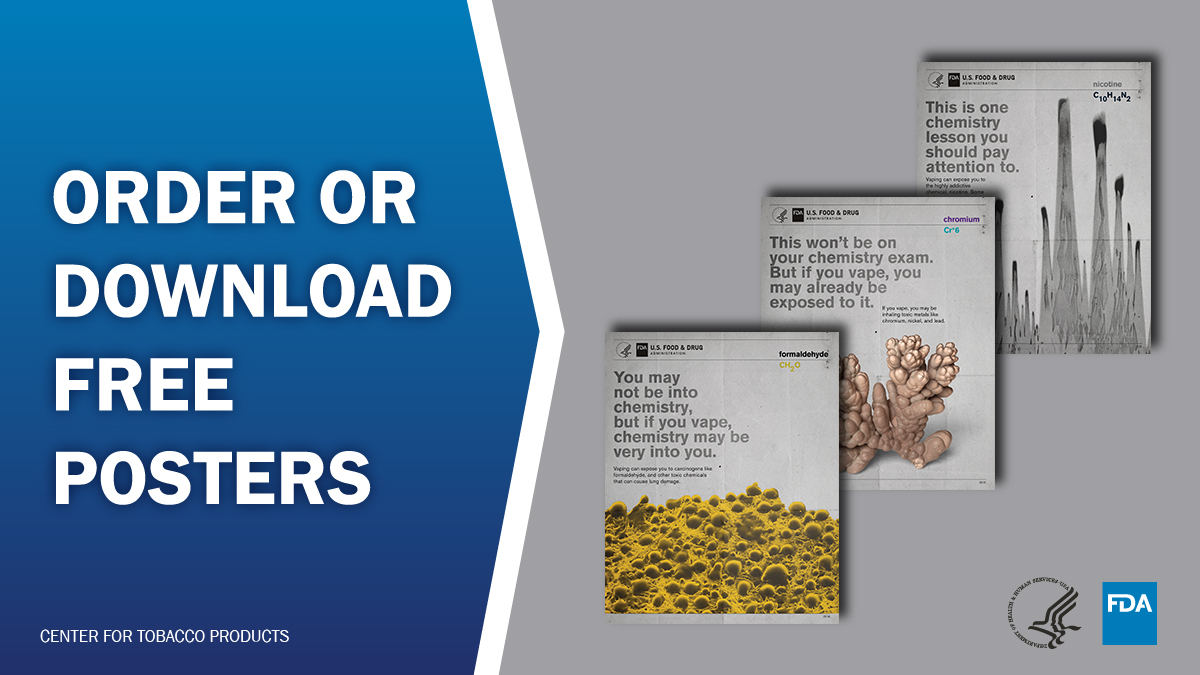 FDATobacco's tweet image. Do you educate teens on the dangers of vaping?

FDA developed youth e-cigarette prevention posters to help your efforts. Order or download now for free. digitalmedia.hhs.gov/tobacco/print_…