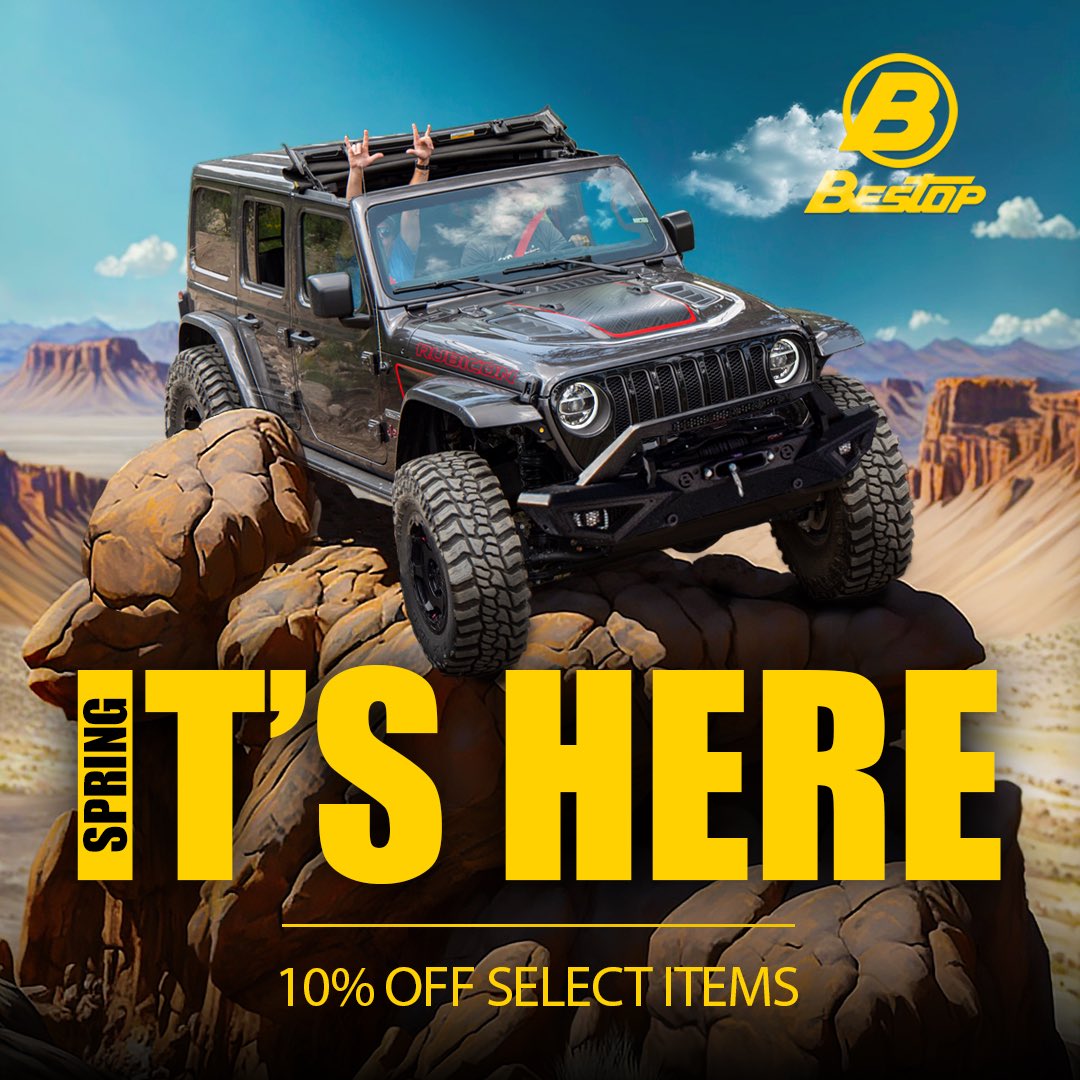 Spring is here🙌! For a limited time, you can get 10% cash back on select soft tops and premium off-road accessories on Bestop.com. 

Buy now before this offer expires, and put that extra cash toward your upcoming adventures!

bestop.com/its-here-promo