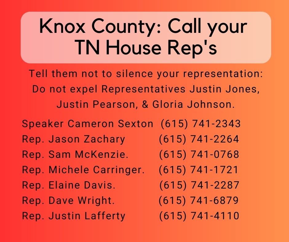 URGENT call to action:

There is a credible threat to expel State Rep. Gloria Johnson from the House TONIGHT. Call these representatives and tell them to not silence your representation.