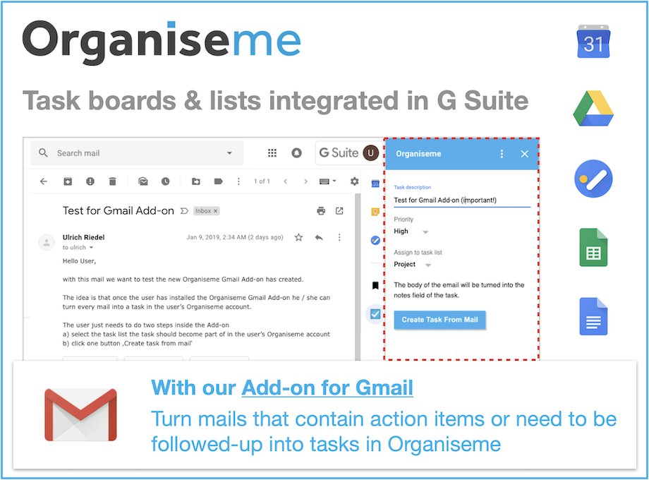 Organisemee's tweet photo. Task boards &amp; lists for #teams integrated in #GoogleWorkspace:  Turn mails that contain action items or need to be followed-up into #tasks in Organiseme - and manage them with all your tasks.   https://t.co/aKalVuMLL4 https://t.co/7Qkb9byjC5