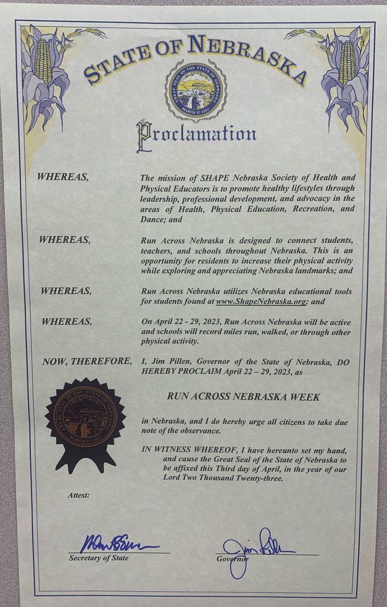 SHAPENebraska's tweet photo. This morning, members of the ShapeNE board attended a proclamation signing ceremony. Join us, April 22 - 29 as we promote activity, learn about our state and log our miles! #runacrossnebraska. Sign up at https://t.co/eflpZbzQQl #ShapeNE https://t.co/8yaxtv6OY8
