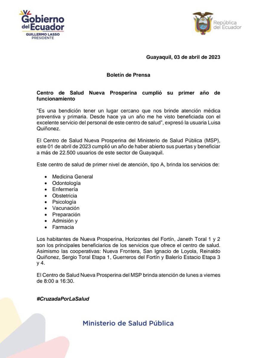 Salud_Guayas's tweet photo. #BoletínDePrensa 📰| Centro de Salud Nueva Prosperina de @Salud_Ec cumplió su 1️⃣er. año de funcionamiento al servicio de la ciudadanía. 

Lea la nota. https://t.co/zFnh0qGE4G