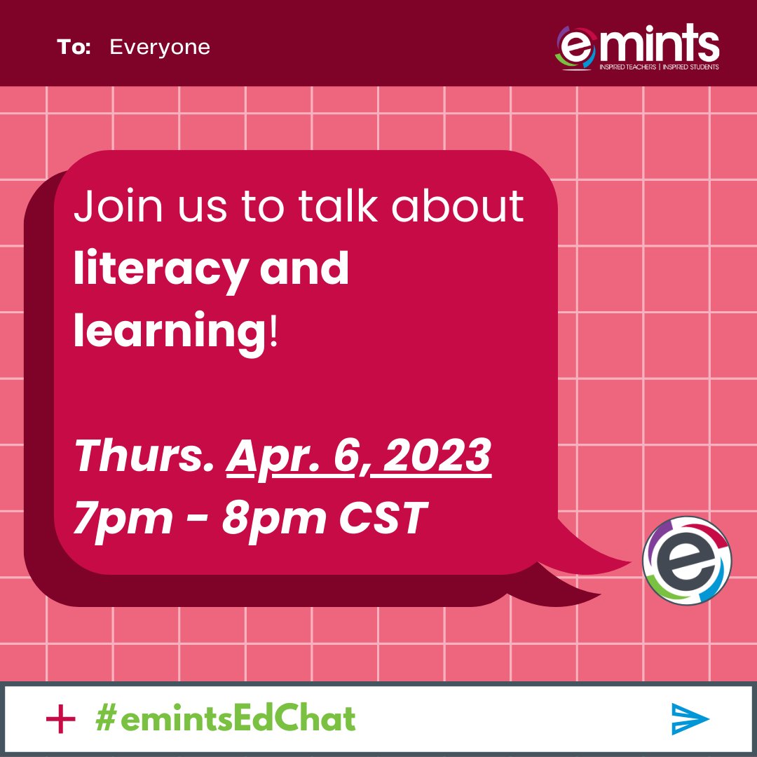 Join us TOMORROW (Thursday, April 6) from 7-8 PM (CST) for our final #emintsEdChat of the school year! 

Guest host, @mrsbskn_english will be our #TwitterAmbassador for the evening!

We can't wait to learn from & with you!

#eMINTS #CommunityOfLearners #CollaborateAndNetwork